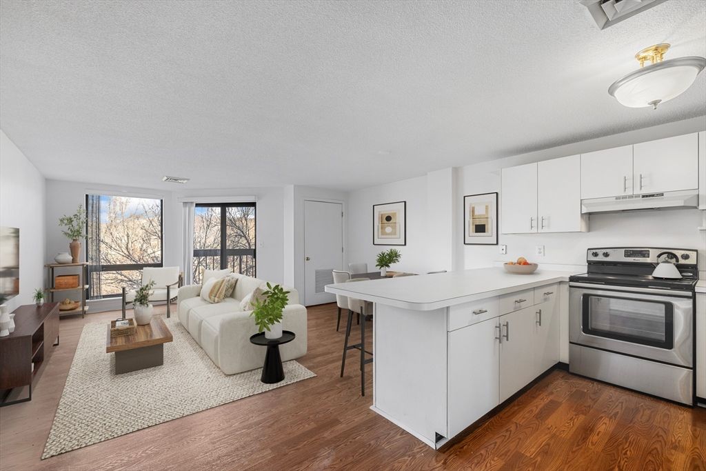 Interior, Kitchen, Living room, Stainless Steel Appliances, Wood Texture Flooring