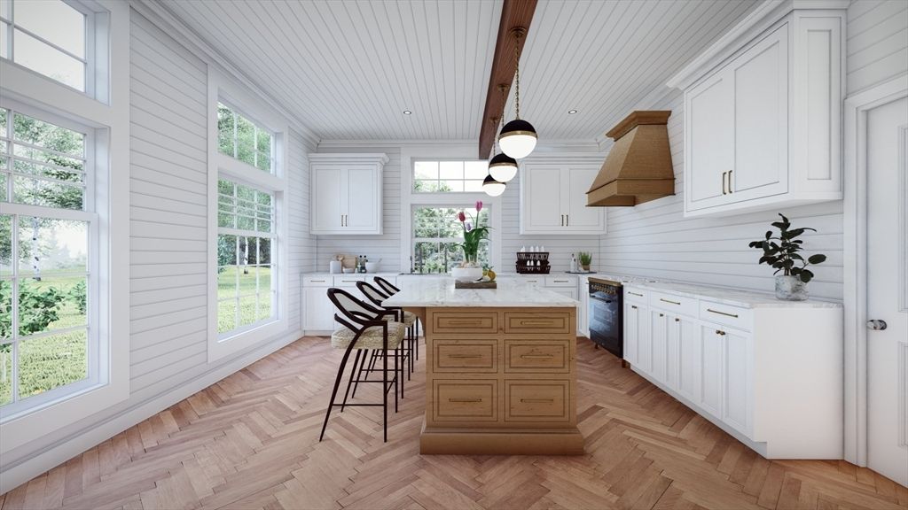 Interior, Kitchen, Pendant Lights, Recessed Lighting, Stainless Steel Appliances, Wooden Beams, Wood Texture Flooring