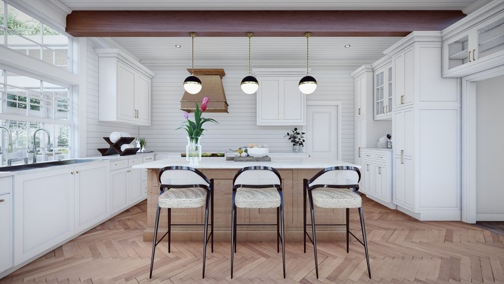 Interior, Kitchen, Pendant Lights, Recessed Lighting, Wooden Beams, Wood Texture Flooring