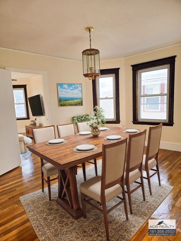 Dining room, Interior, Pendant Lights, Wood Texture Flooring
