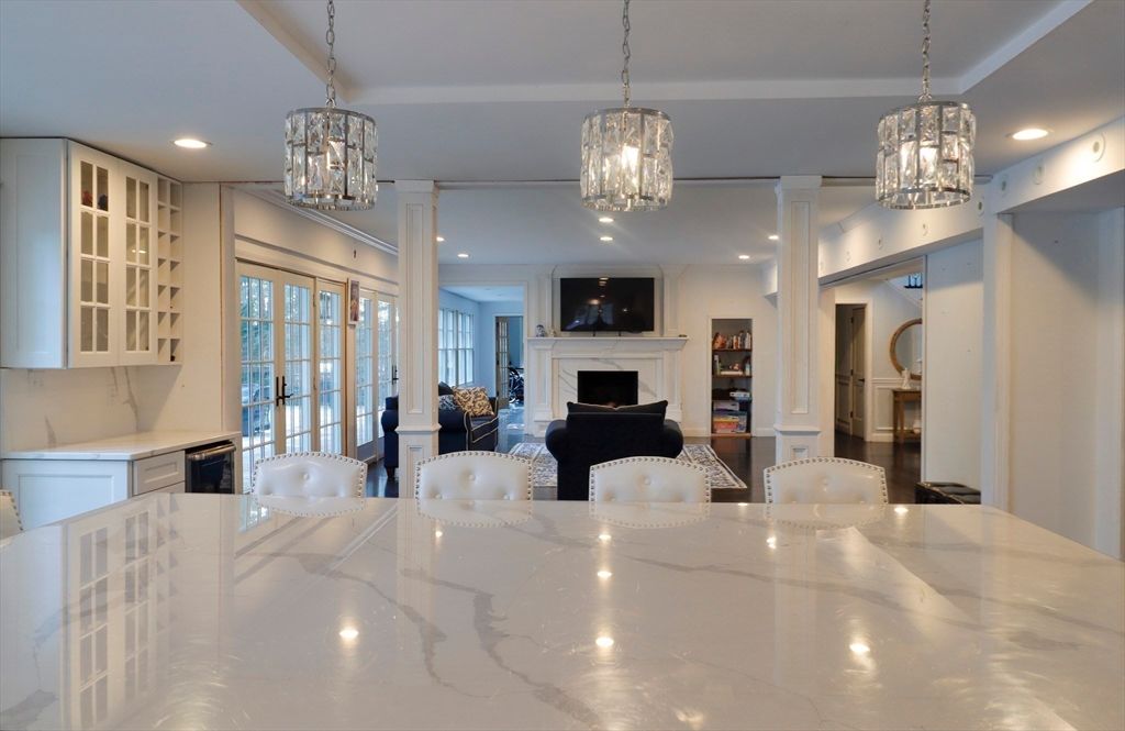 Chandelier, Dining room, Fireplace, Interior, Kitchen, Living room, Pendant Lights, Recessed Lighting