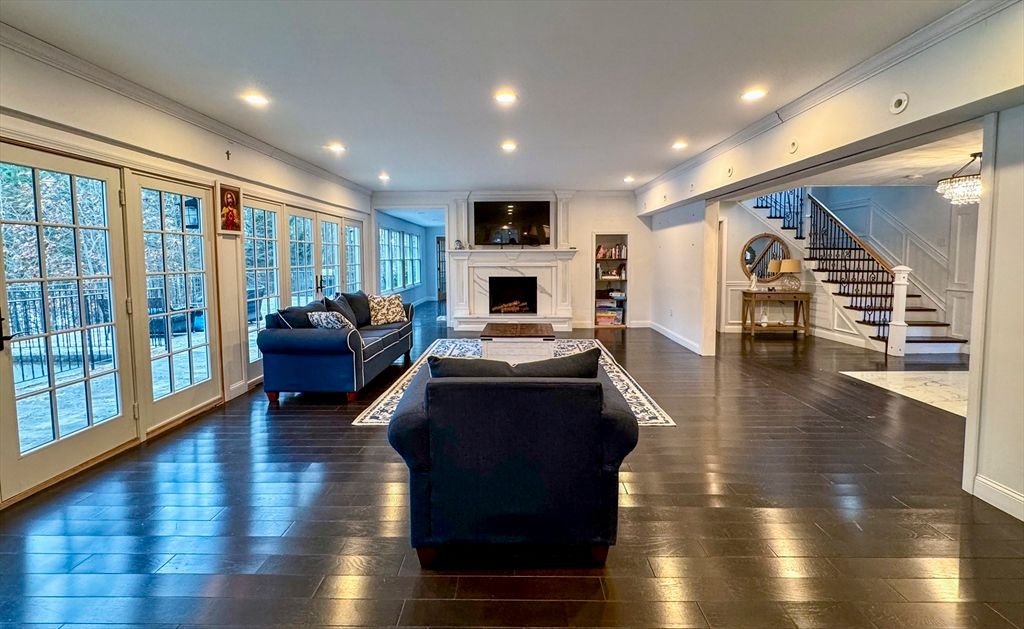 Fireplace, Interior, Living room, Marble, Recessed Lighting, Wood Texture Flooring