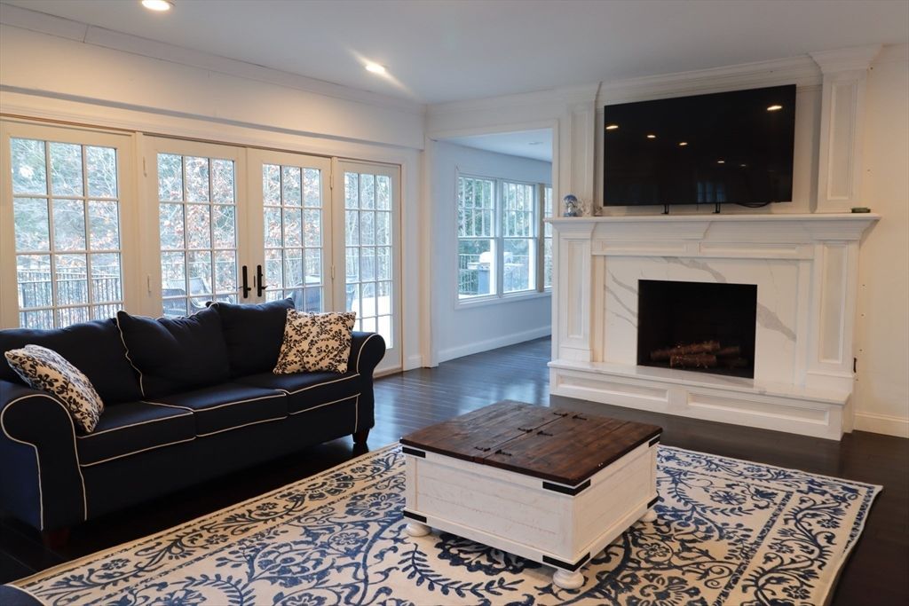 Fireplace, Interior, Living room, Recessed Lighting, Wood Texture Flooring