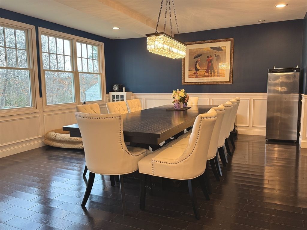 Dining room, Interior, Pendant Lights, Recessed Lighting, Wood Texture Flooring