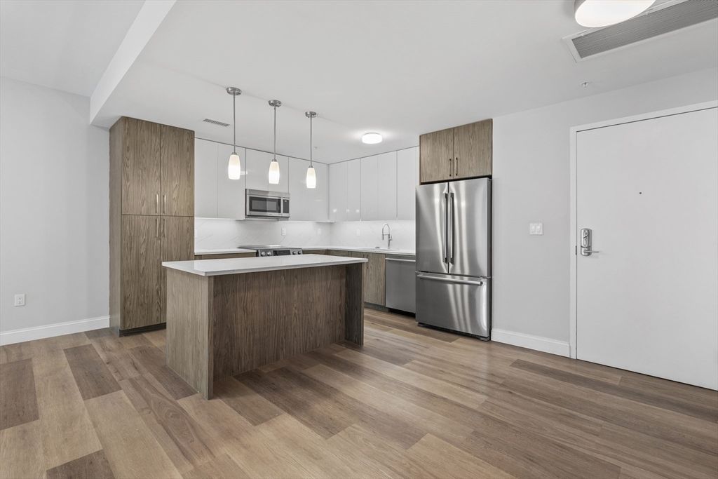 Interior, Kitchen, Pendant Lights, Stainless Steel Appliances, Wood Texture Flooring