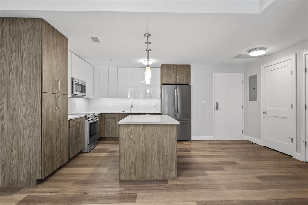 Interior, Kitchen, Pendant Lights, Stainless Steel Appliances, Wood Texture Flooring
