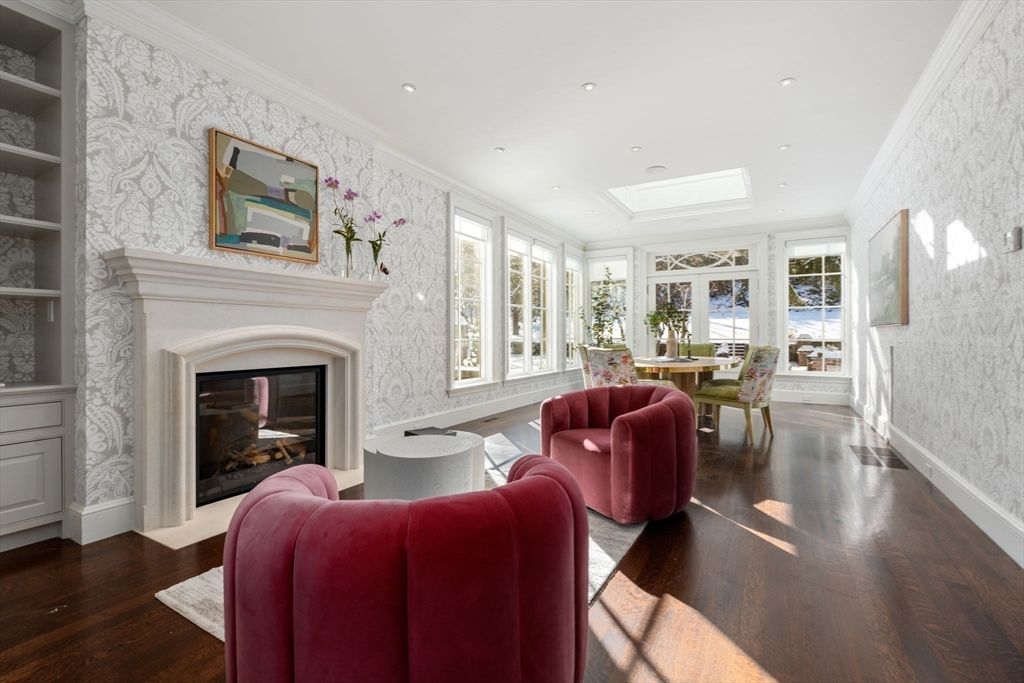 Dining room, Fireplace, Interior, Living room, Recessed Lighting, Wood Texture Flooring