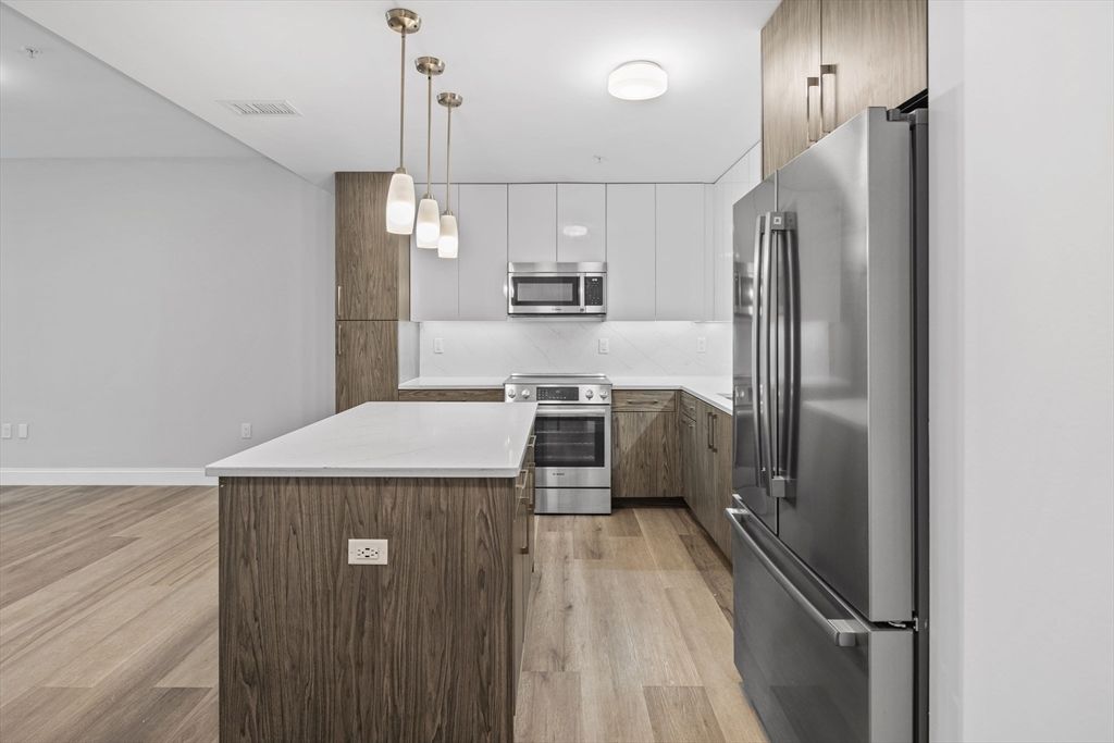 Interior, Kitchen, Pendant Lights, Stainless Steel Appliances, Wood Texture Flooring