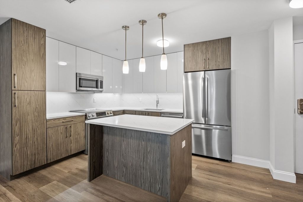 Interior, Kitchen, Pendant Lights, Stainless Steel Appliances, Wood Texture Flooring