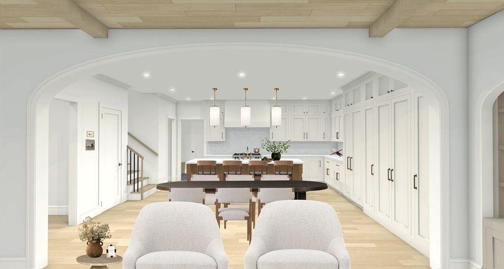 Dining room, Interior, Kitchen, Pendant Lights, Recessed Lighting, Wooden Beams, Wooden Ceilings, Wood Texture Flooring