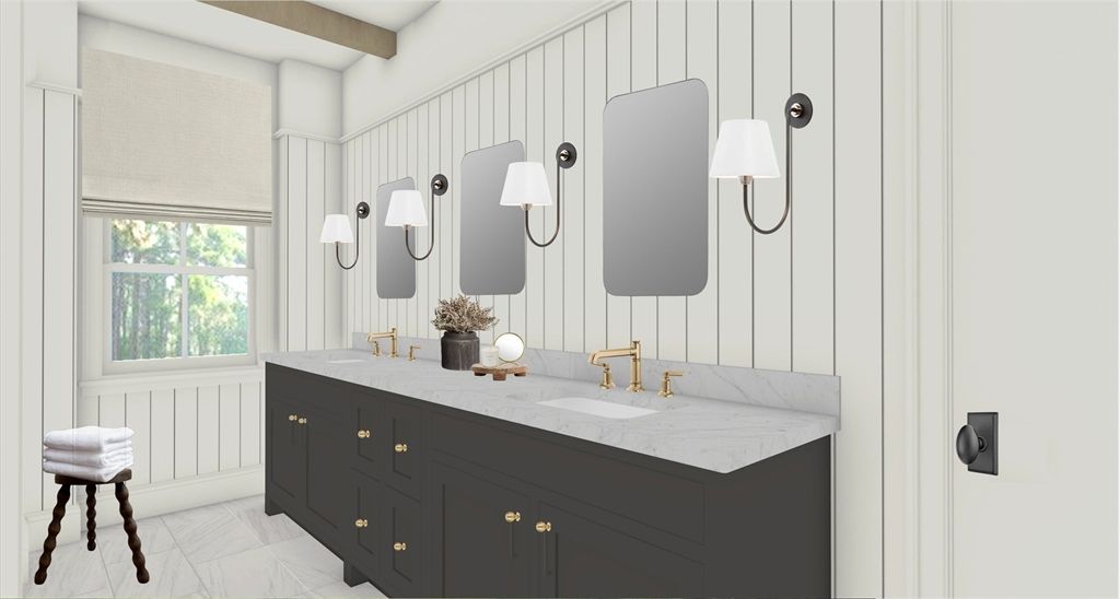 Bathroom, Dual Sink Vanities, Interior, Marble, Pendant Lights, Wooden Beams