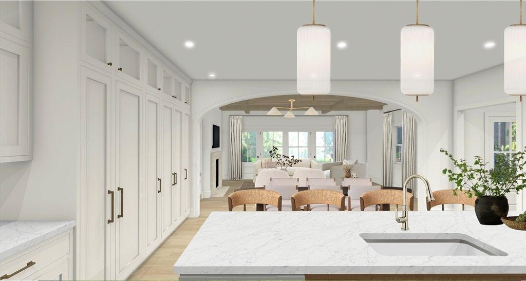 Dining room, Interior, Living room, Pendant Lights, Recessed Lighting, Wood Texture Flooring