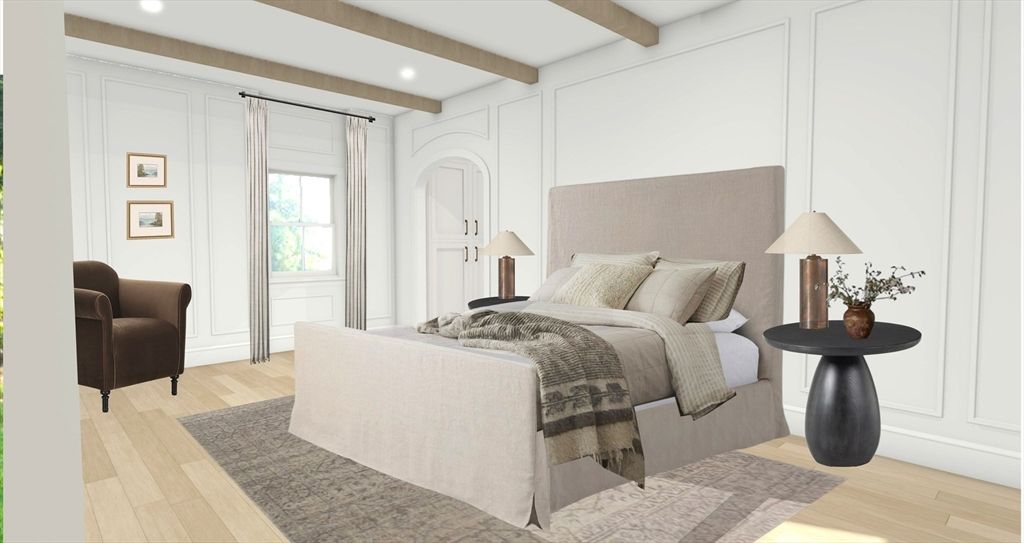 Bedroom, Interior, Recessed Lighting, Wooden Beams, Wood Texture Flooring