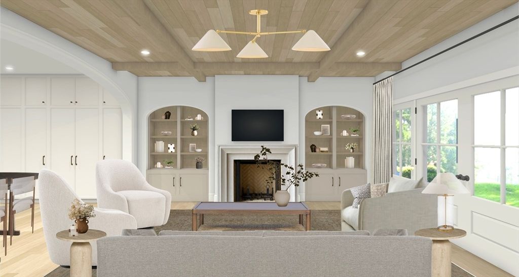 Fireplace, Interior, Living room, Pendant Lights, Recessed Lighting, Wooden Ceilings, Wood Texture Flooring