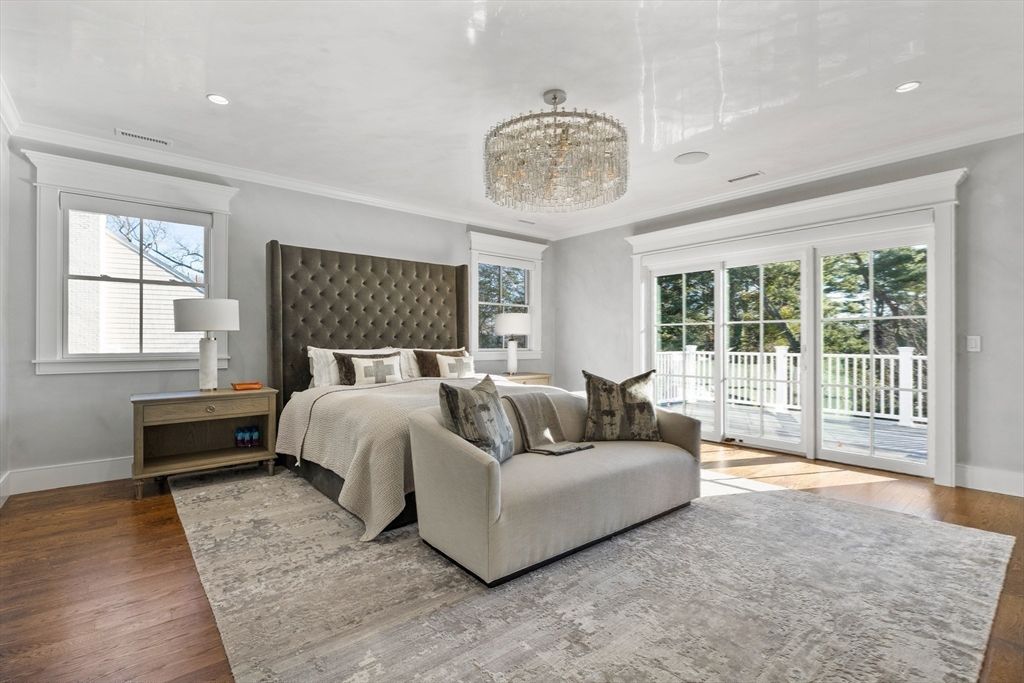 Bedroom, Chandelier, Interior, Recessed Lighting, Wood Texture Flooring