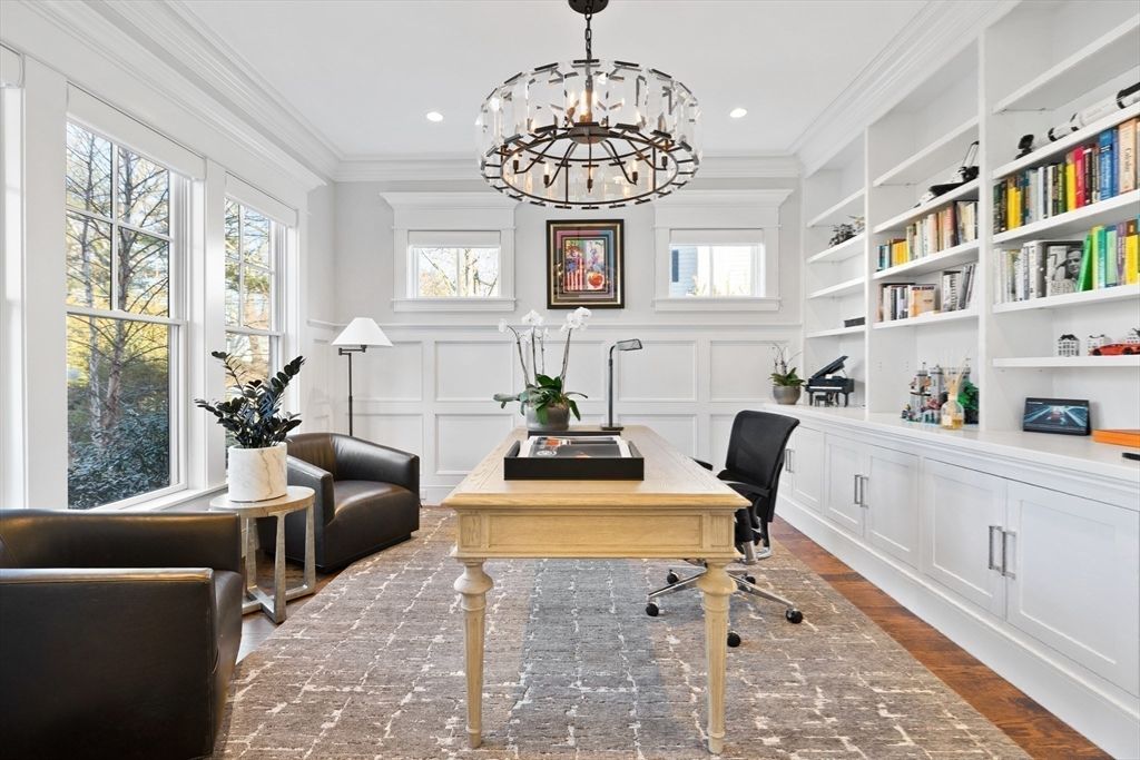 Chandelier, Home Office, Interior, Recessed Lighting, Wood Texture Flooring