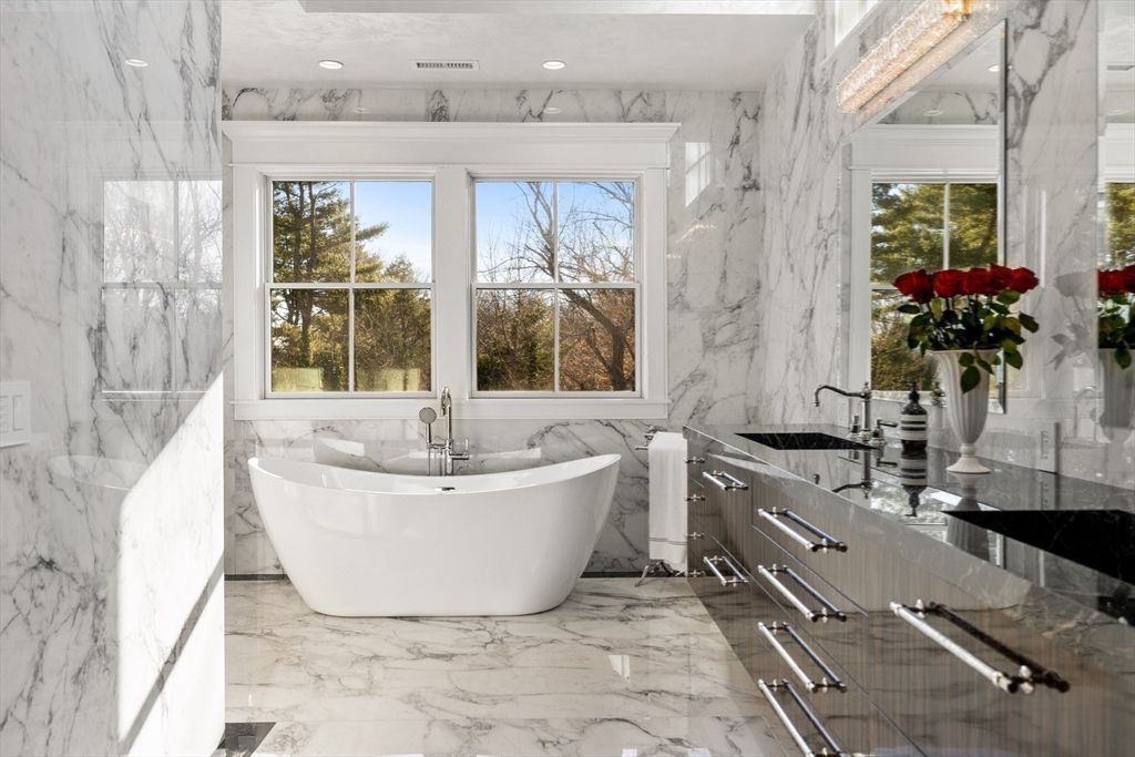 Bathroom, Free Standing Baths, Interior, Marble, Marble Walls, Recessed Lighting