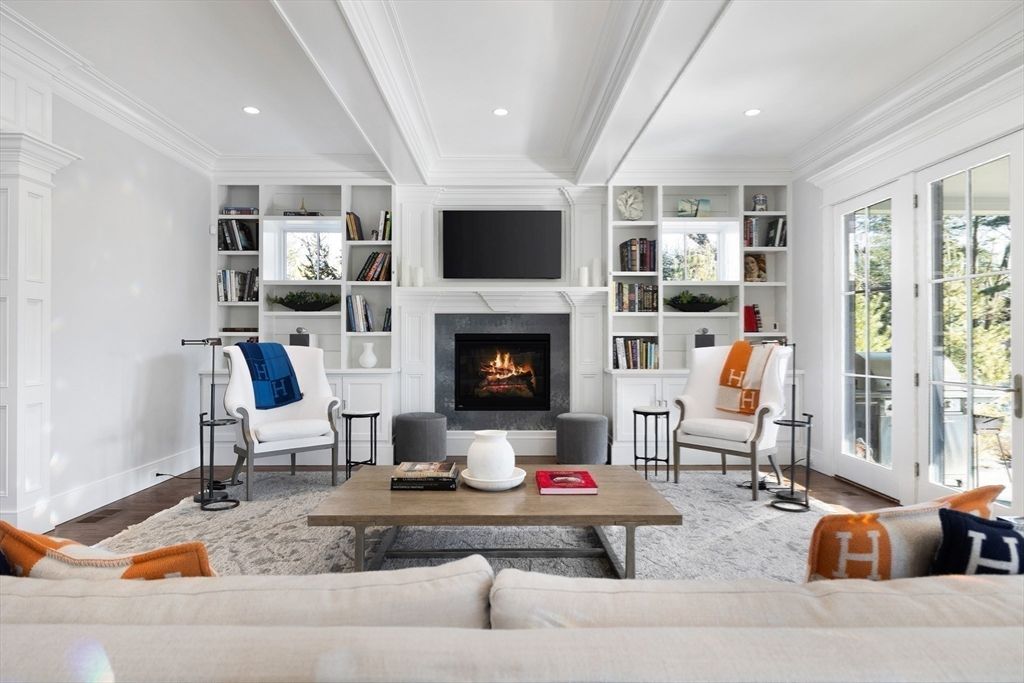 Fireplace, Interior, Living room, Recessed Lighting, Wood Texture Flooring