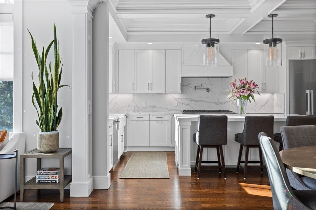 Interior, Kitchen, Marble Walls, Pendant Lights, Recessed Lighting, Wood Texture Flooring