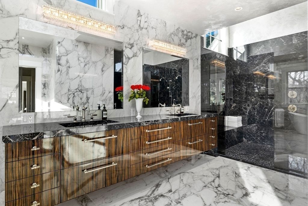 Bathroom, Dual Sink Vanities, Glass Shower, Interior, Marble, Marble Walls, Recessed Lighting