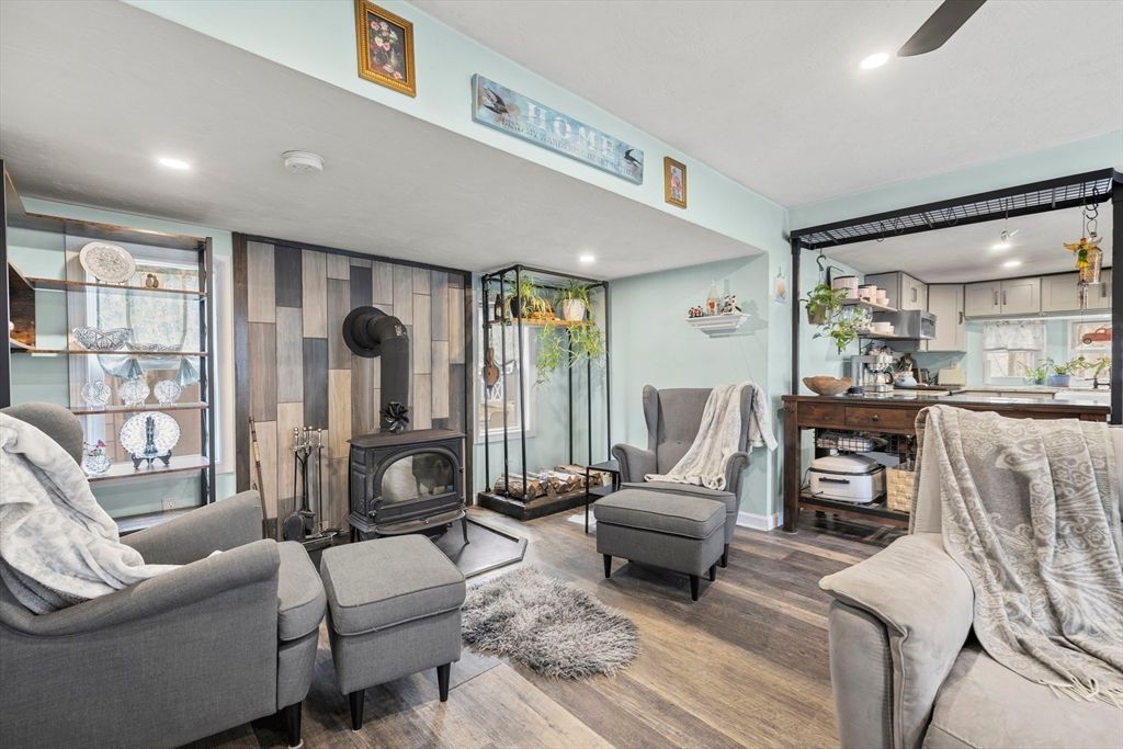 Fireplace, Interior, Kitchen, Living room, Recessed Lighting, Wood Texture Flooring