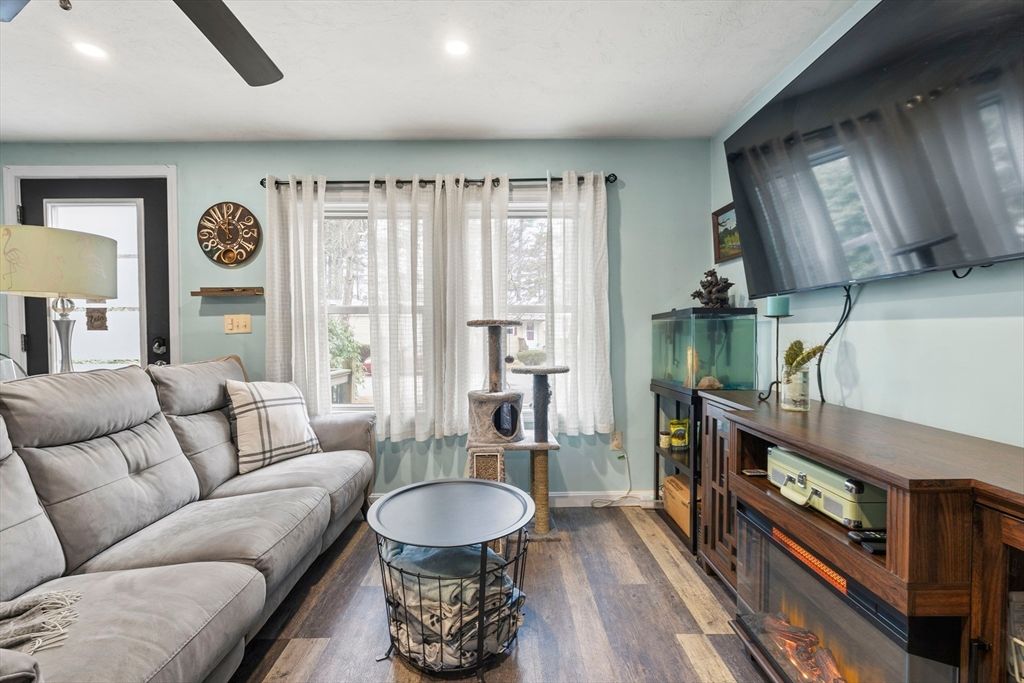 Fireplace, Interior, Living room, Recessed Lighting, Wood Texture Flooring