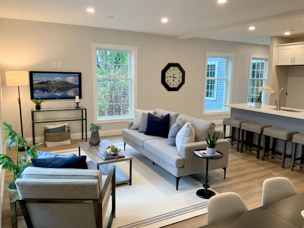 Fireplace, Interior, Living room, Recessed Lighting, Wood Texture Flooring