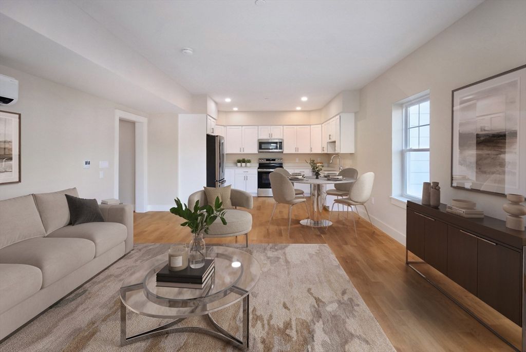 Dining room, Interior, Kitchen, Living room, Recessed Lighting, Stainless Steel Appliances, Wood Texture Flooring