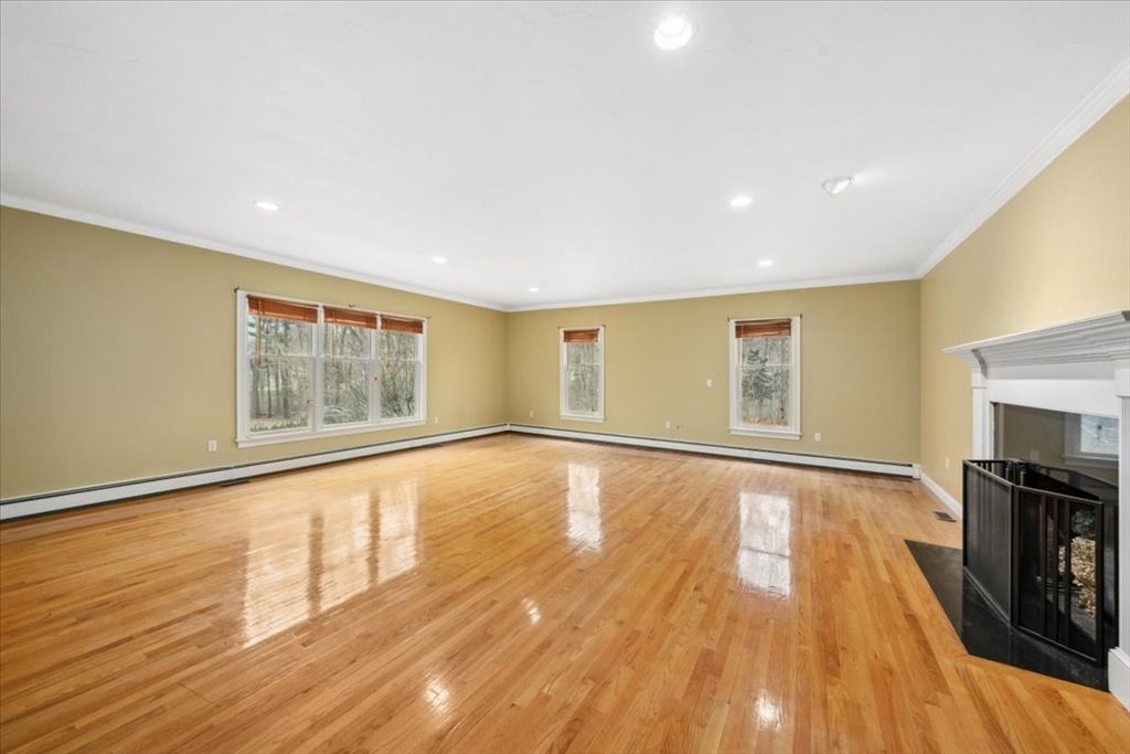 Empty room, Fireplace, Interior, Recessed Lighting, Wood Texture Flooring