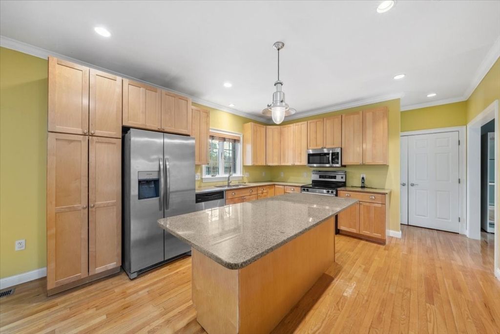 Interior, Kitchen, Pendant Lights, Recessed Lighting, Stainless Steel Appliances, Wood Texture Flooring