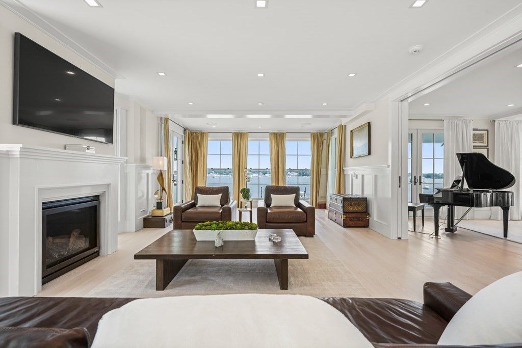 Fireplace, Interior, Living room, Piano, Recessed Lighting, Wood Texture Flooring