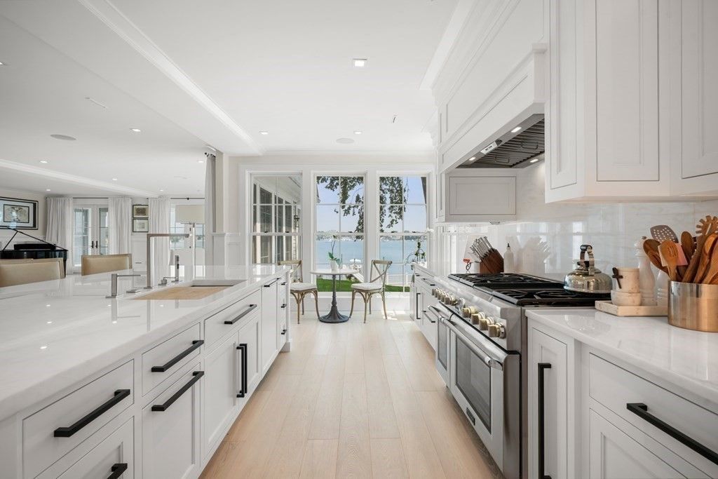 Dining room, Interior, Kitchen, Recessed Lighting, Stainless Steel Appliances, Water, Wood Texture Flooring
