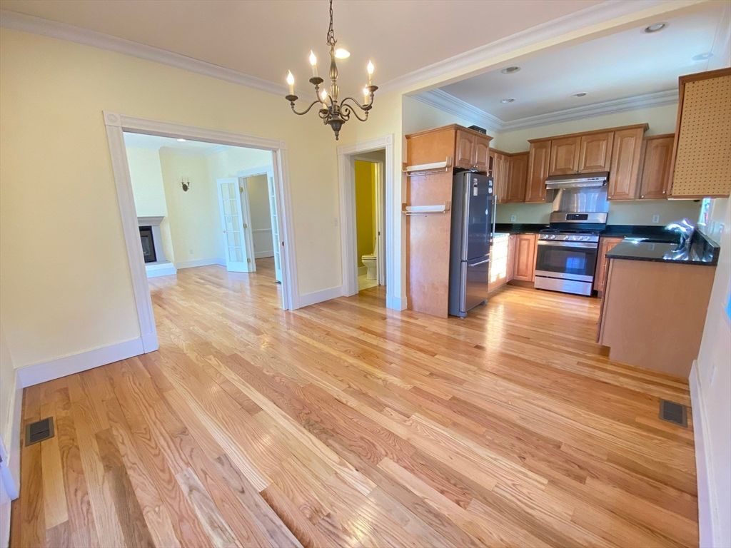 Chandelier, Interior, Kitchen, Recessed Lighting, Wood Texture Flooring