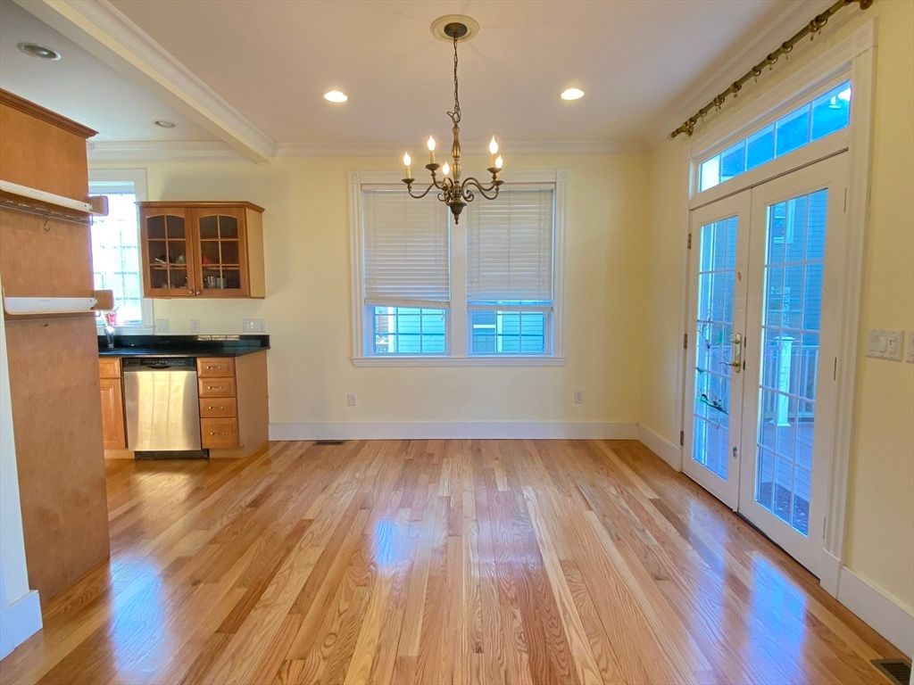 Chandelier, Empty room, Interior, Recessed Lighting, Wood Texture Flooring