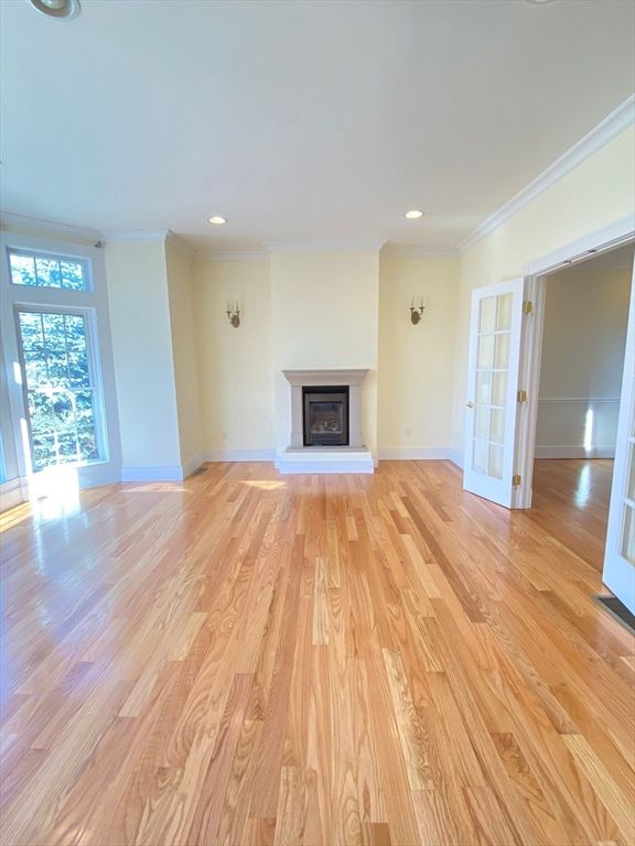 Empty room, Fireplace, Interior, Recessed Lighting, Wood Texture Flooring