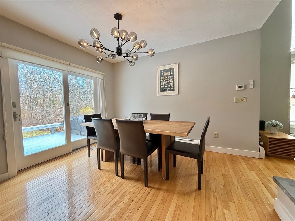 Dining room, Interior, Pendant Lights, Wood Texture Flooring