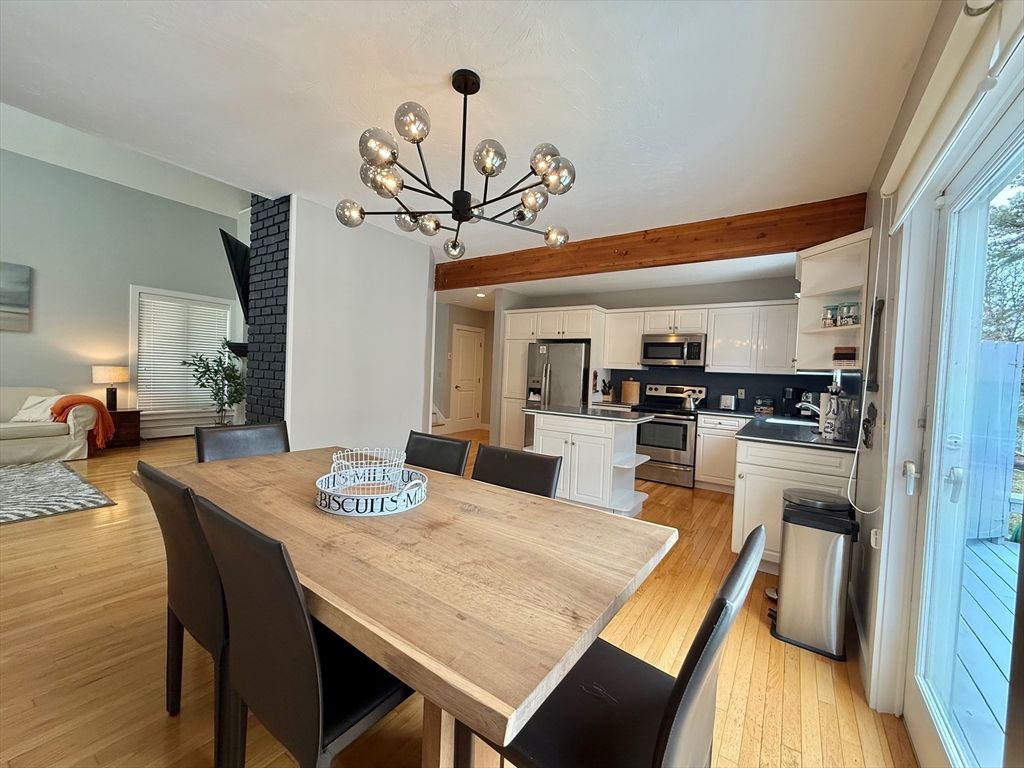 Dining room, Interior, Kitchen, Living room, Pendant Lights, Stainless Steel Appliances, Wood Texture Flooring