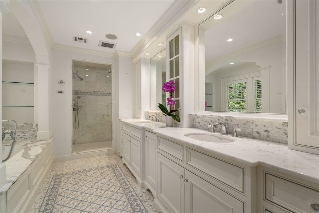 Bathroom, Dual Sink Vanities, Glass Shower, Interior, Marble Walls, Recessed Lighting