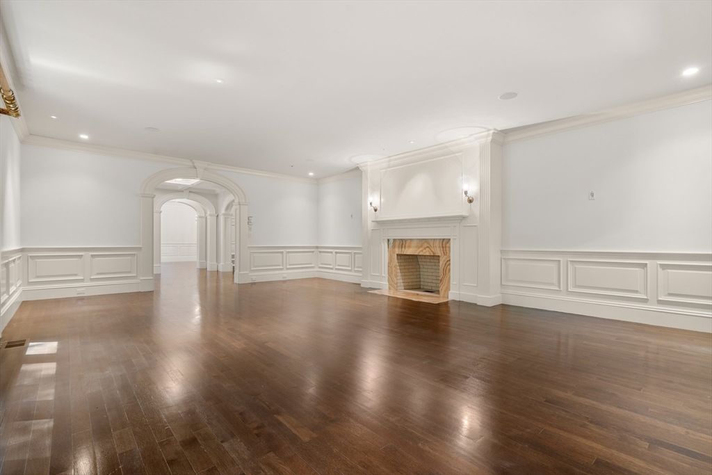 Empty room, Fireplace, Interior, Recessed Lighting, Wood Texture Flooring