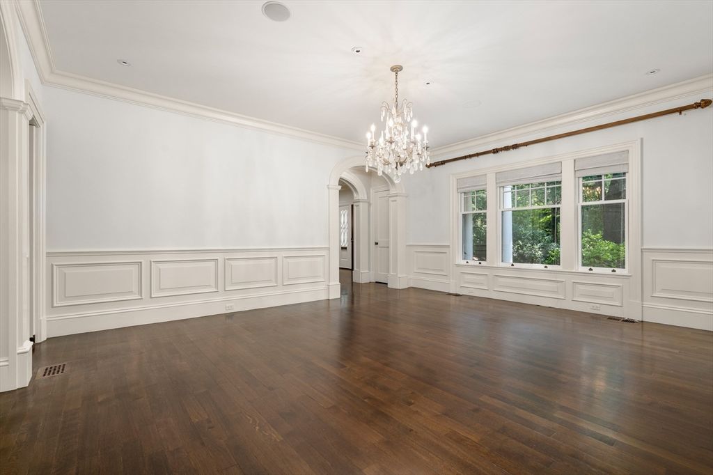 Chandelier, Empty room, Interior, Recessed Lighting, Wood Texture Flooring