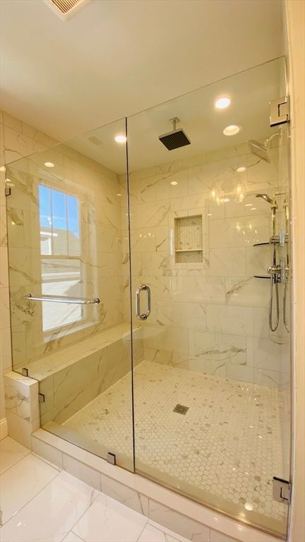 Bathroom, Glass Shower, Interior, Marble, Marble Walls, Recessed Lighting