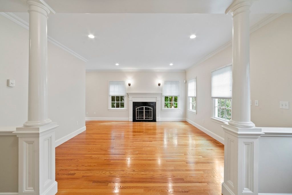 Empty room, Fireplace, Interior, Recessed Lighting, Wood Texture Flooring