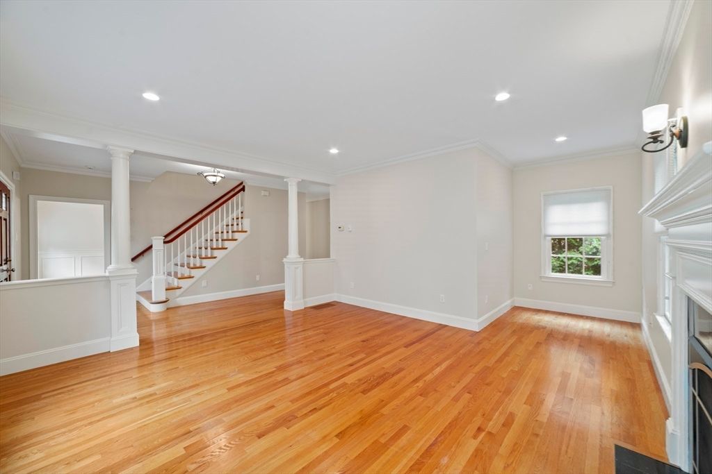 Empty room, Fireplace, Interior, Recessed Lighting, Wood Texture Flooring