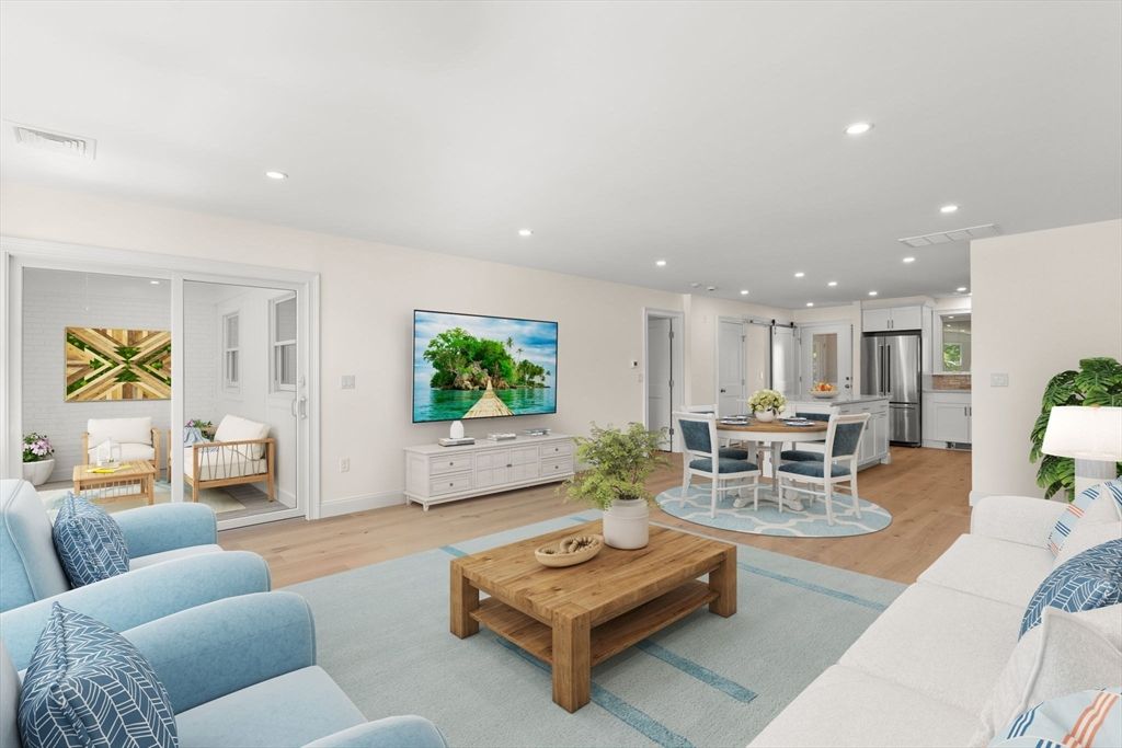 Dining room, Interior, Kitchen, Living room, Recessed Lighting, Stainless Steel Appliances, Wood Texture Flooring