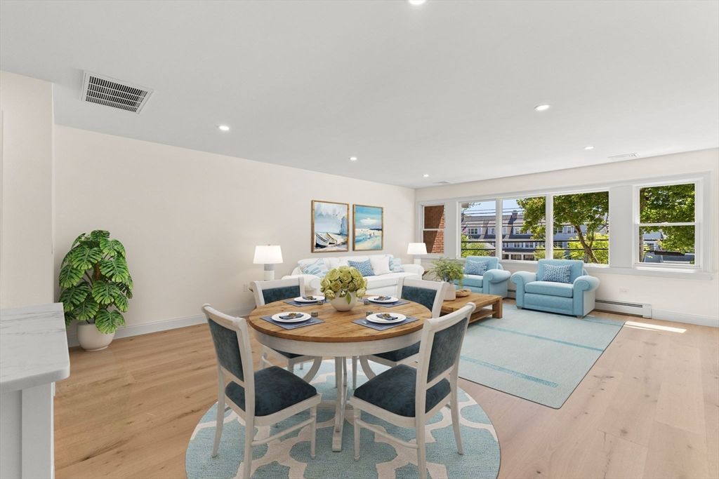 Dining room, Interior, Living room, Recessed Lighting, Wood Texture Flooring