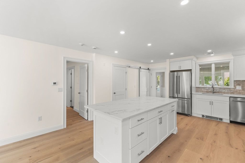 Interior, Kitchen, Recessed Lighting, Stainless Steel Appliances, Wood Texture Flooring