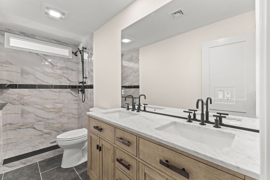 Bathroom, Dual Sink Vanities, Interior, Marble Walls, Recessed Lighting