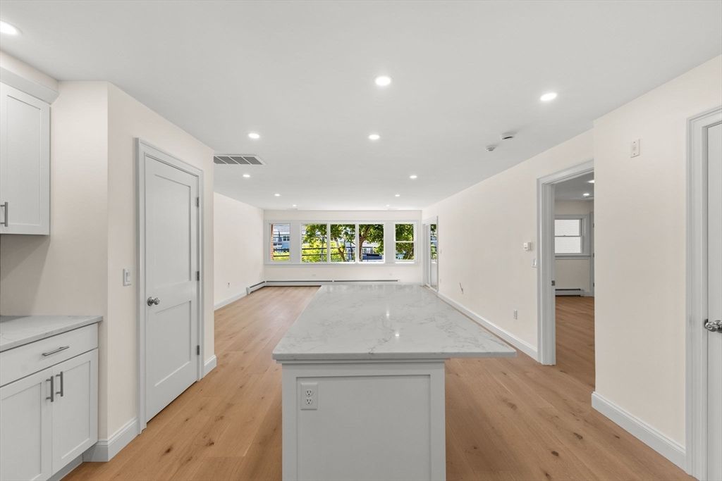 Empty room, Interior, Kitchen, Recessed Lighting, Wood Texture Flooring