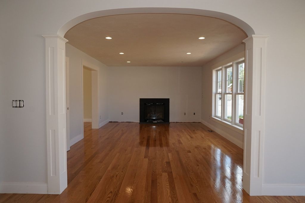 Empty room, Fireplace, Interior, Recessed Lighting, Wood Texture Flooring