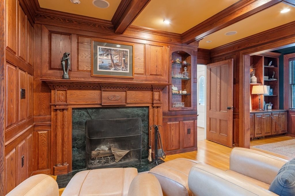 Fireplace, Interior, Recessed Lighting, Wood Texture Flooring, Wooden Walls